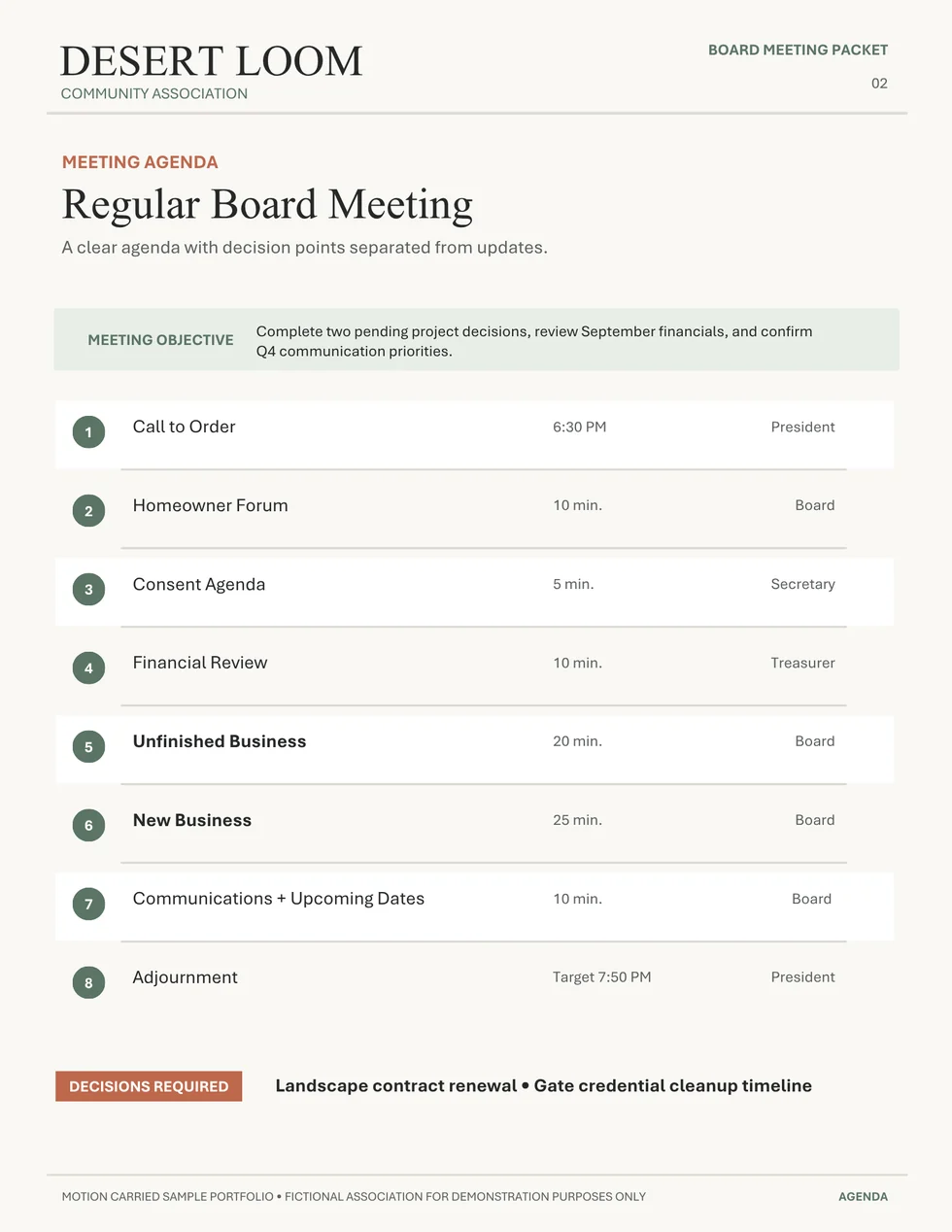 Desert Loom board meeting agenda sample