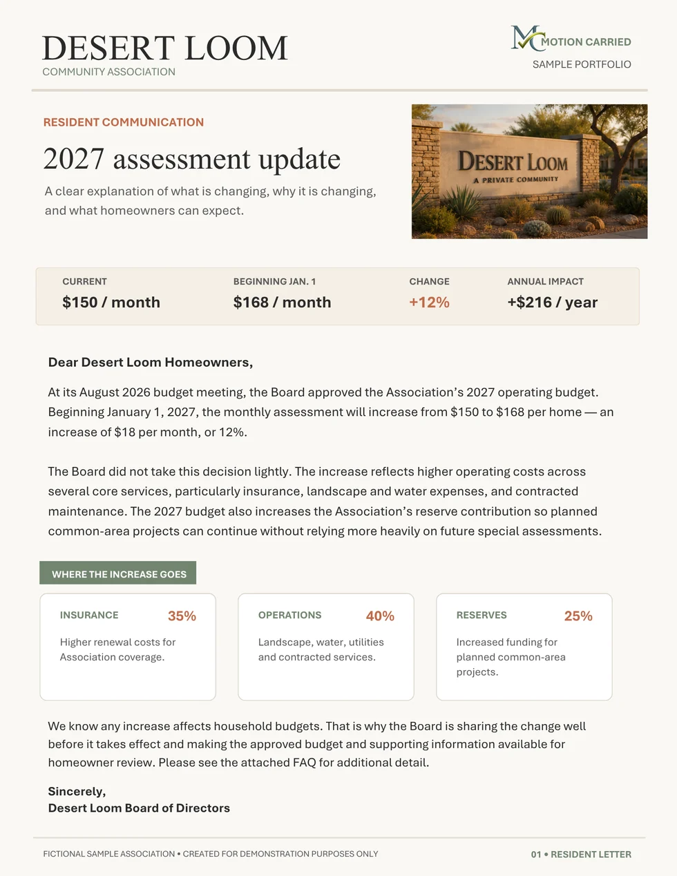 Assessment update resident letter